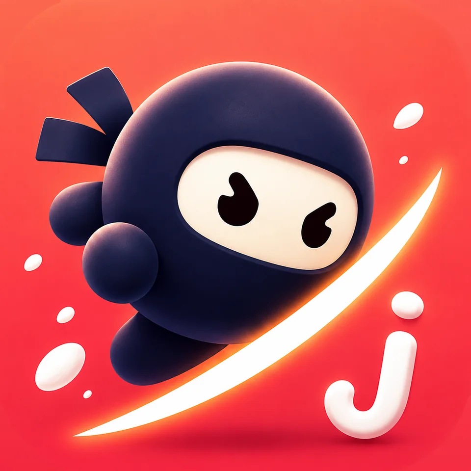 JPlay’s red app artwork featuring a clay ninja and a bright slicing gesture.